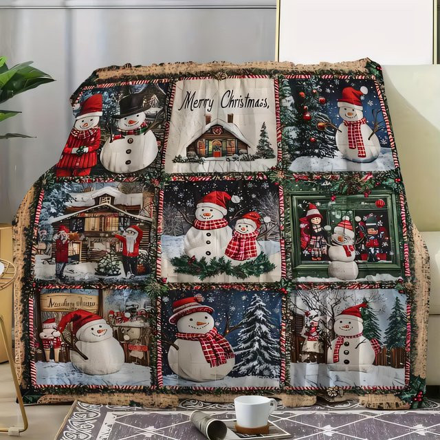 Vintage Patchwork-Weihnachtsdecke mit Schneemänner in Multicolour als gemütlicher Sofaüberwurf und dekorative Winterdekoration - Bild 1