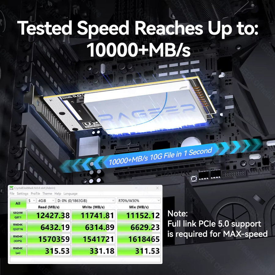 RAGEER PCIe 5.0 zu U.2 SFF-8639 Adapter für U.2 SSD zu PCIe X4/X8/X16 Erweiterungskarte, 128Gbps, Schwarz - Bild 3