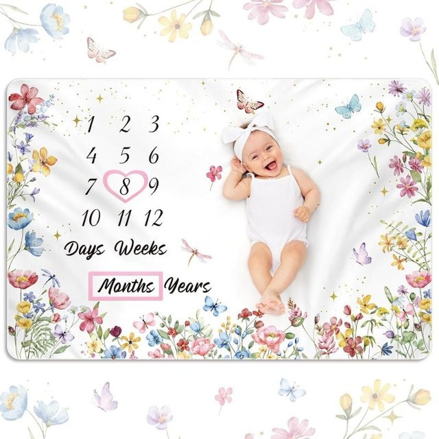 VIKAMA Baby-Decke mit Aquarell-Wildblumen und Schmetterlingsdruck, weiche Fotomatte für Neugeborene, Mehrfarbig - Bild 1