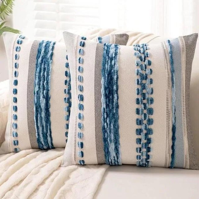 JMG Clothing Boho Kissenbezug aus Chenille und Leinen, Grau Mehrfarbig Gestreift, B/B: 45 x 45 cm - Bild 1