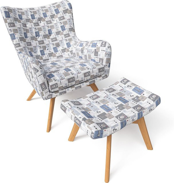 Supellex Sessel Manhattan mit Hocker in Patchwork-Design mit maritiven Motiven und Armlehnen, Multicolour - Bild 1