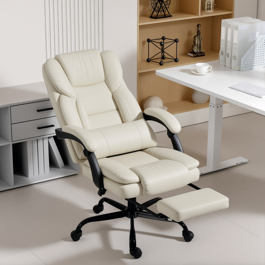 Ergonomischer HOMCOM Bürostuhl in Beige mit verstellbarer Rückenlehne, Fußstütze und Kunstleder-Polsterung - Bild 2