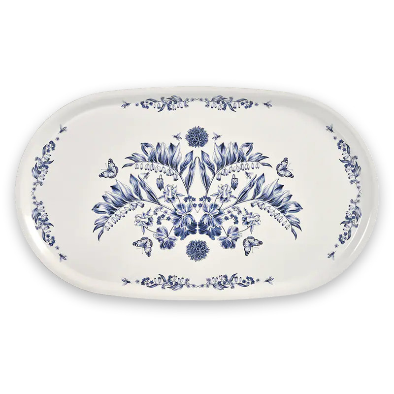 House of Aspvik Tablett aus Holz in Blau-Weiß mit floralem Design, B/T: 55 x 33 cm - Bild 1