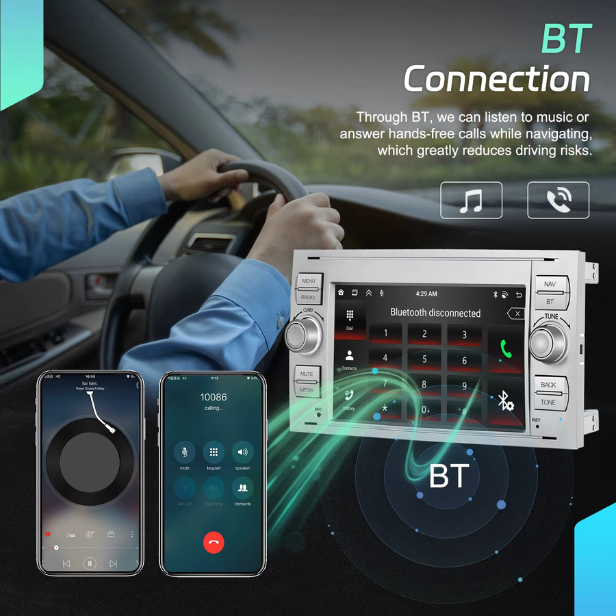 Podofo 7 Zoll 2 Din Android Autoradio mit CarPlay, Android Auto, GPS, WiFi und Bluetooth für Ford Transit Fiesta Focus Galaxy Mondeo Fusion Kuga C-Max S-Max Connect in Schwarz - Bild 6
