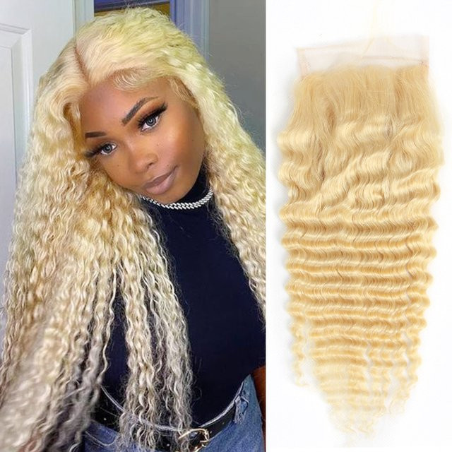 613 Blonde 4x4 Deep Wave Closure, 100% Brasilianisches Echthaar, Transparente Spitze mit Baby Hair - Bild 1