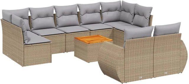vidaXL 10-teilige Garten-Sofagarnitur in L-Form aus Polyrattan und Akazienholz mit Kissen in Beige und Grau - Bild 1