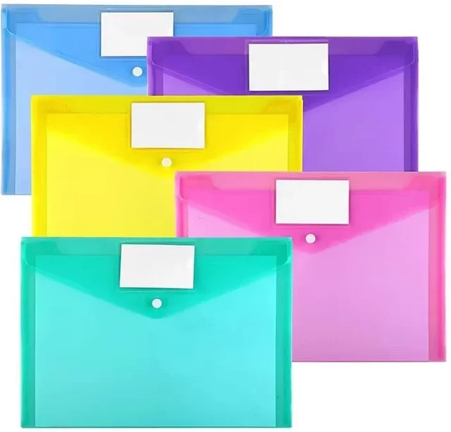 5 Stück A4 Kunststoff-Klarsichthüllen mit Druckknopf und Etikett, transparente Poly-Dateitaschen für deine Dokumente und Büroorganisation, mehrfarbig - Bild 1