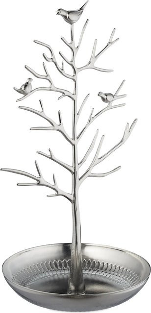 Relaxdays Schmuckständer Baum aus Zink in Silber mit Ablage, H: 30 cm, B: 16 cm, T: 15 cm - Bild 1
