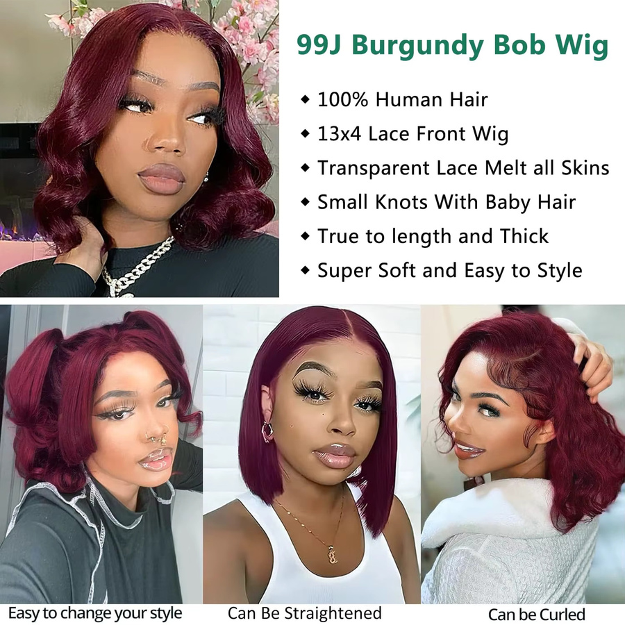 Tomiyaa Bouncy Body Wave Bob Perücke, Echthaar, Burgund, 13x4 Lace Front - Bild 2