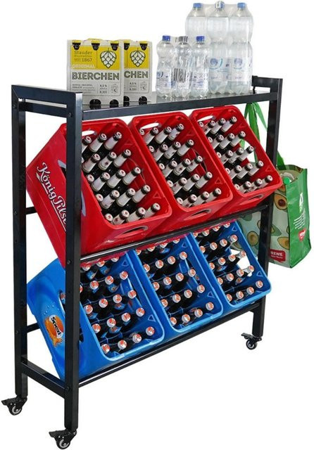 PROREGAL Getränkekistenregal KÖNIGSSEE L PLUS in Schwarz mit Ablage, 2 Haken und Rollen, H: 119 cm, B: 110 cm, T: 33 cm - Bild 1