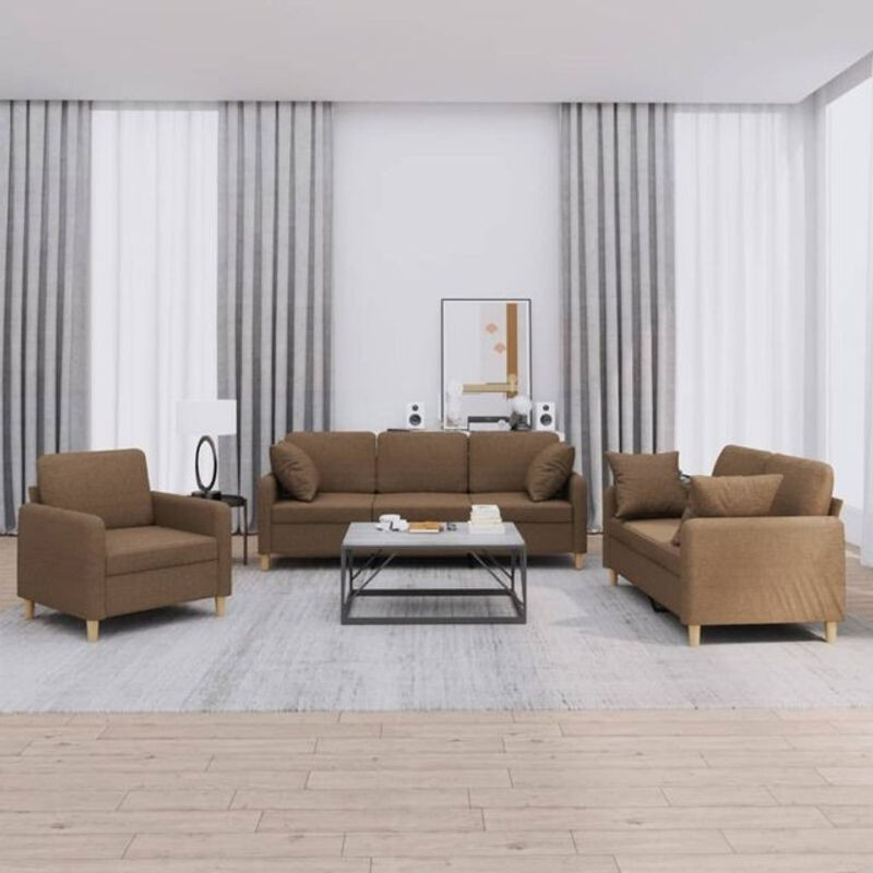 3-tlg. Sofagarnitur vidaxl in Braun aus Stoff mit Kissen und Metallgestell im modernen Design - Bild 1