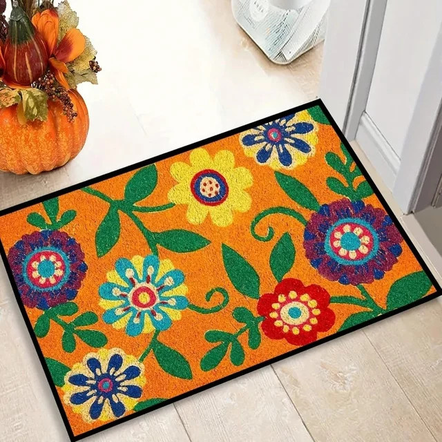 VIKAMA Willkommensteppich mit Blumenmuster und Buchstabendruck in Multicolor, rutschfeste und waschbare Bodenmatte für Küche, Garten oder Bad - Bild 1