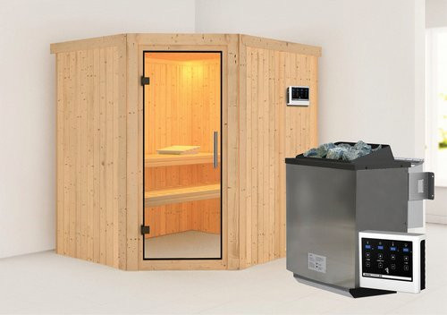 Karibu Sauna Maardu aus Fichtenholz in Beige für 3 Personen inklusive 9 kW Bio-Kombi-Saunaofen mit externer Steuerung, B/T/H: 170 x 198 x 196 cm - Bild 1