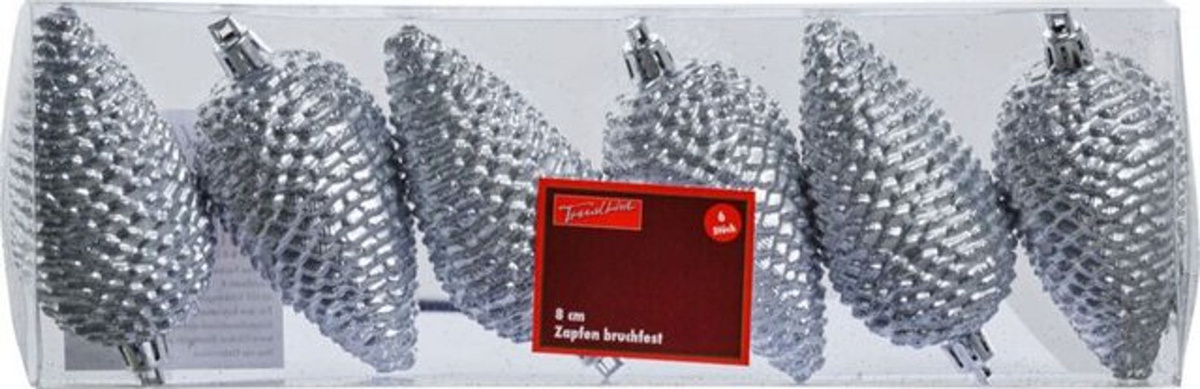 Trendline Weihnachtsbaum Hängeornamente Zapfen in Silber und Grau aus Kunststoff, 6er Set - Bild 1
