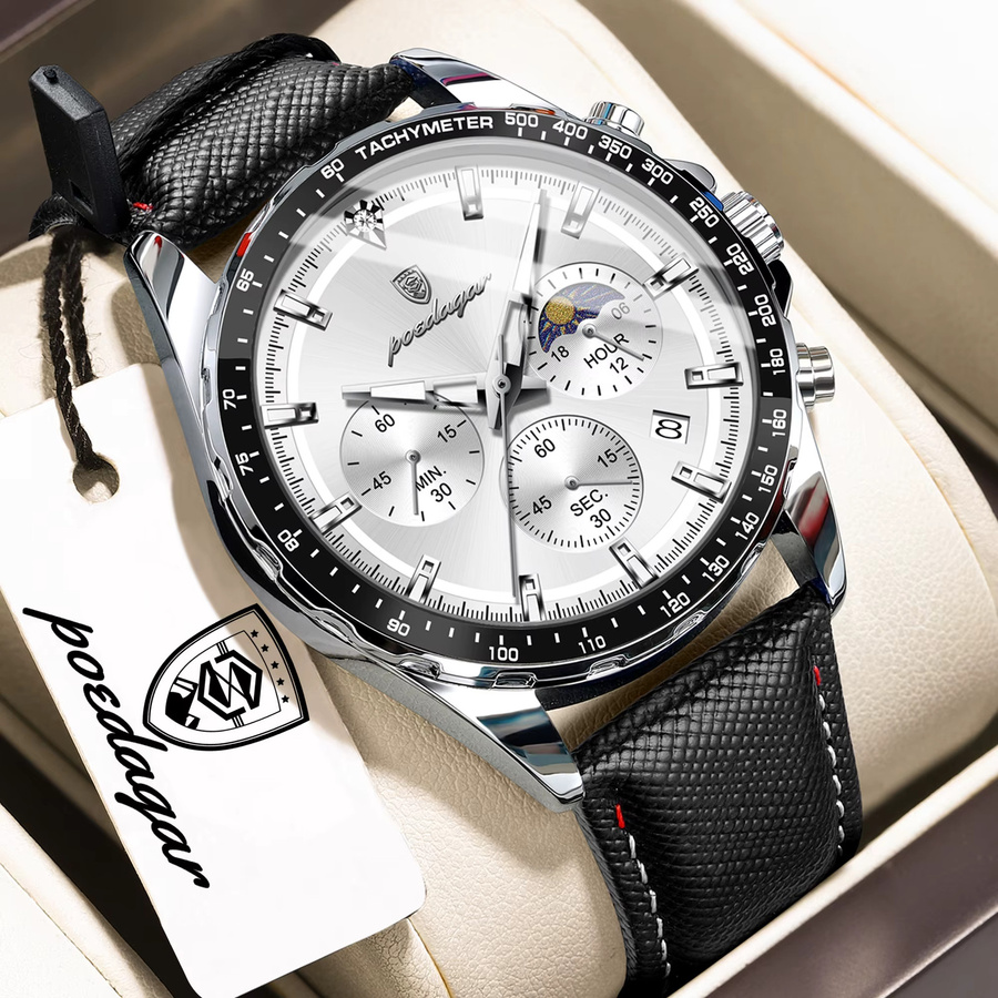 POEDAGAR Armbanduhr, Chronograph, Quarz, Leder, Silber, Herren - Bild 2