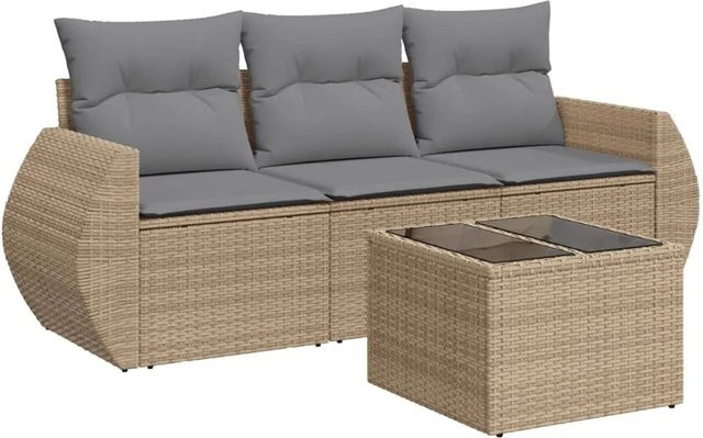 vidaXL 4-teilige Garten-Sofagarnitur aus Poly-Rattan mit Kissen in Beige-grau - Bild 1