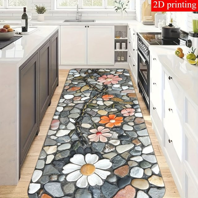 VIKAMA 3D Pebble Flower Küchenmatte mit Blumenmuster, rutschfest und verschleißfest, Mehrfarbig, Breite: 120 cm - Bild 1