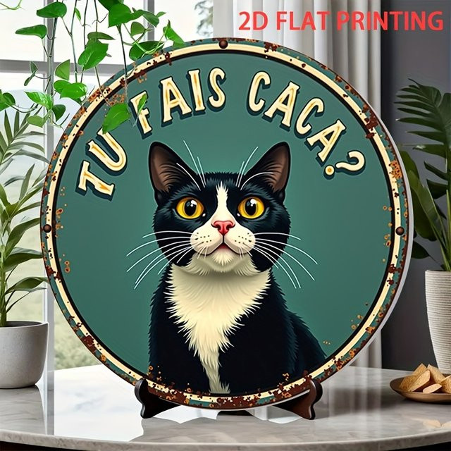 Potdemiel Vintage-Poster mit Katzenmotiv und französischem Schriftzug TU FAIS CACA in Petrol, Durchmesser: 20 cm - Bild 1