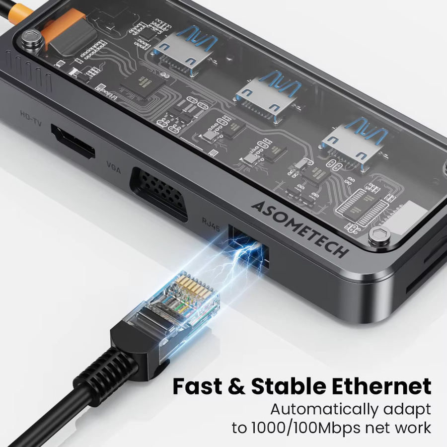 ASOMETECH 10-in-1 USB C Hub Dockingstation mit HDMI 4K, RJ45 Ethernet, SD/TF Kartenleser und PD 100W in Grau - Bild 3
