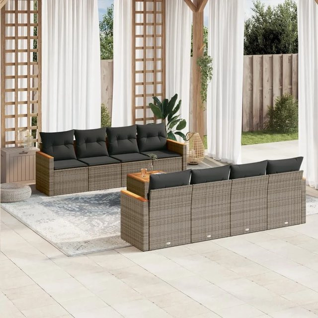 vidaXL 9-teilige Garten-Sofagarnitur aus Poly-Rattan und Akazienholz in Grau mit Kissen - Bild 1