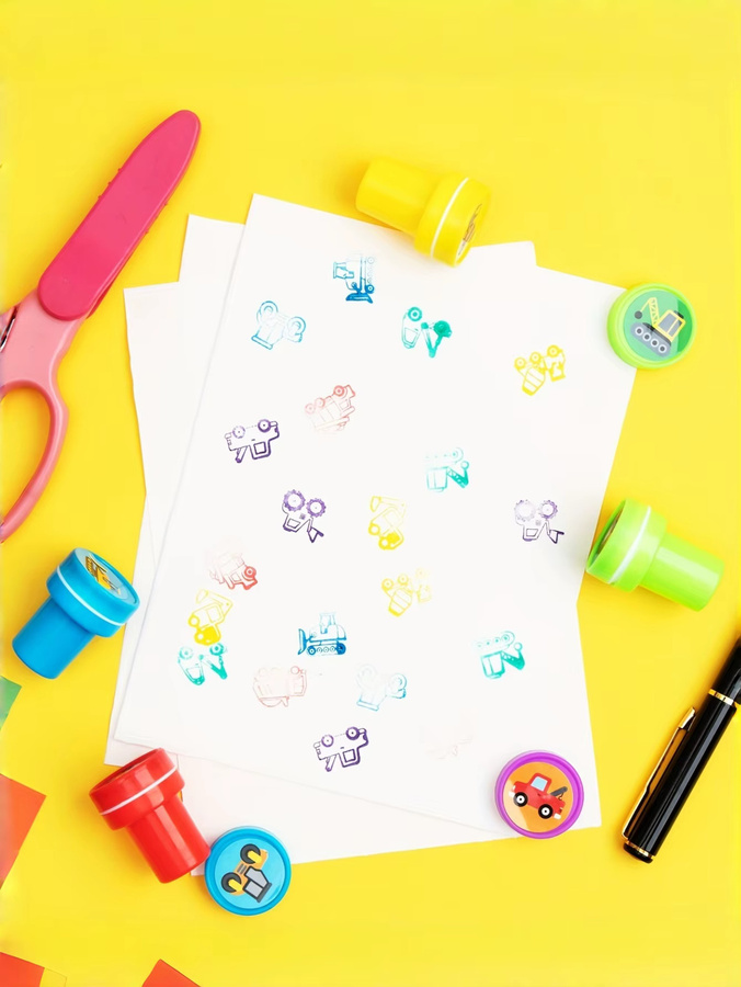 Set mit 10 oder 20 selbststempelnden Baufahrzeug-Stempeln in Multicolor für das Klassenzimmer und Scrapbooking - Bild 3