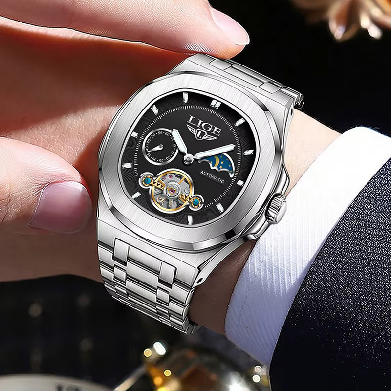 LIGE Armbanduhr Automatik, Edelstahl, eckig, blau, Herren - Bild 4