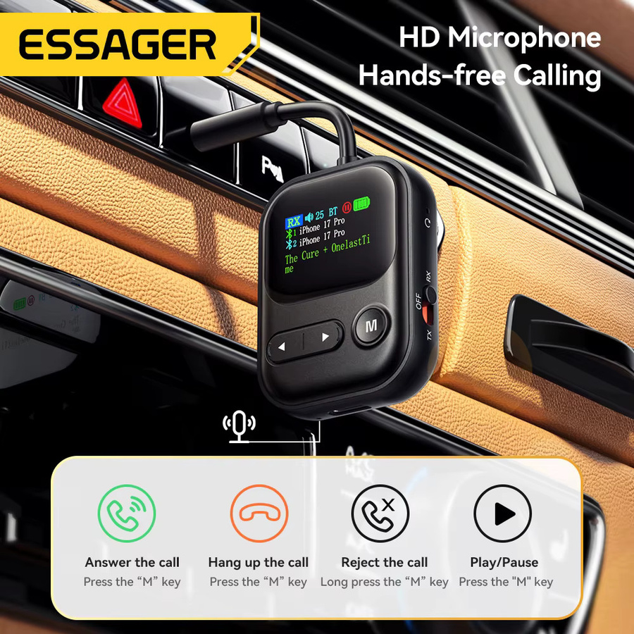 Essager Bluetooth 6.0 Sender und Empfänger 2-in-1 Adapter mit LED-Anzeige und Mikrofon in Schwarz für Autolautsprecher via 3,5 mm AUX - Bild 6