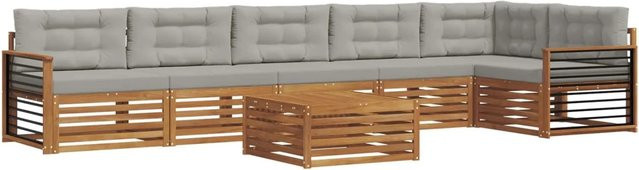 vidaXL Outdoor-Sofagarnitur aus Akazien-Massivholz in L-Form mit Kissen, 7-teilig, Natur und Hellgrau - Bild 1