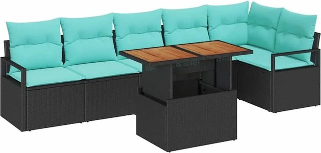 vidaXL Garten Essgruppe aus Poly-Rattan und Akazienholz mit 7 Teilen in Schwarz und Teal - Bild 1