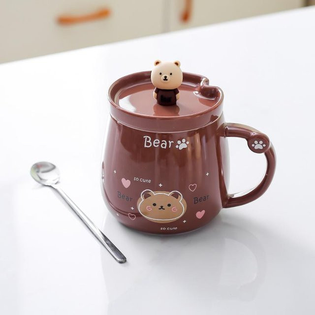 Niedliche Bären-Keramiktasse von Yiran bag in Braun mit Deckel und Löffel, 400 ml - Bild 1