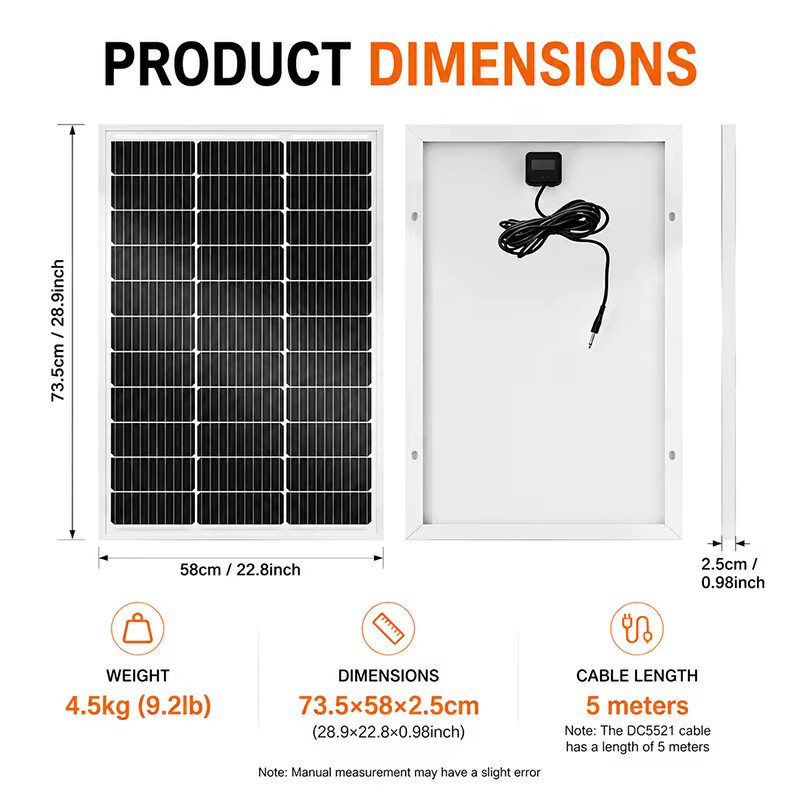 CHUBAN Starres Glas-Solarmodul 80W in Schwarz mit 5M DC-Kabel und 5-in-1 Adapterkabel für Balkonmontage, Powerstation und Camping - Bild 3