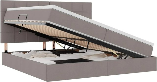 vidaXL Bett mit Kopfteil und LED-Lichtleisten in Taupe, mit USB-Ladeport und integrierter Leselampe, B/T/H: 200 x 200 x 203 cm - Bild 1