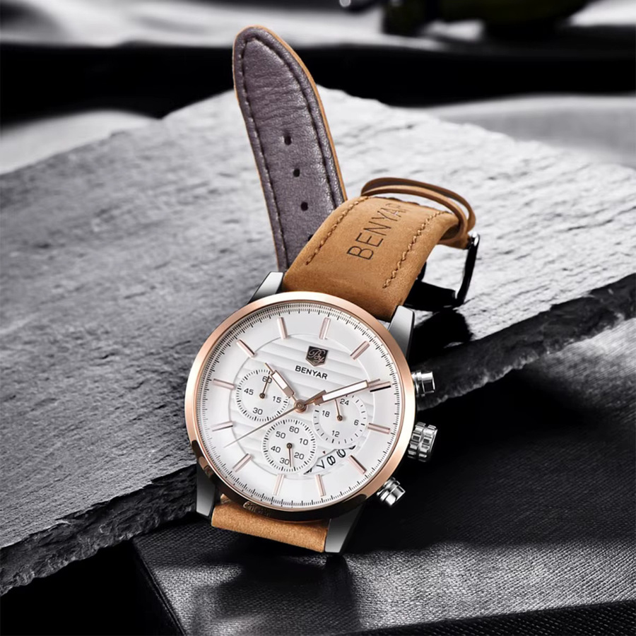 BENYAR Armbanduhr Quarz, Leder, Weiß, Roségold, Herren - Bild 6