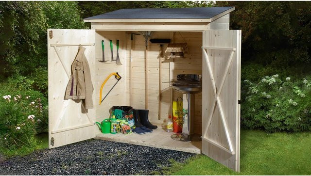 Weka Balkon- und Terrassenschrank aus Massivholz mit Pultdach in Braun, B/T/H: 163 x 85 x 195 cm - Bild 1