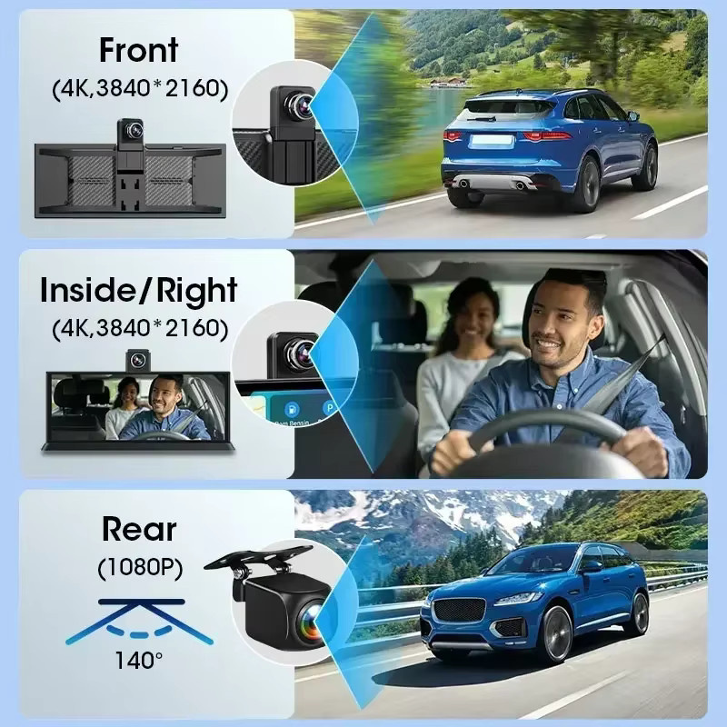 Jansite 4K Dash Cam mit 11,3 Zoll Display, 360 Grad rotierbarer Kamera, Wireless CarPlay, Android Auto und Bluetooth in Schwarz - Bild 4