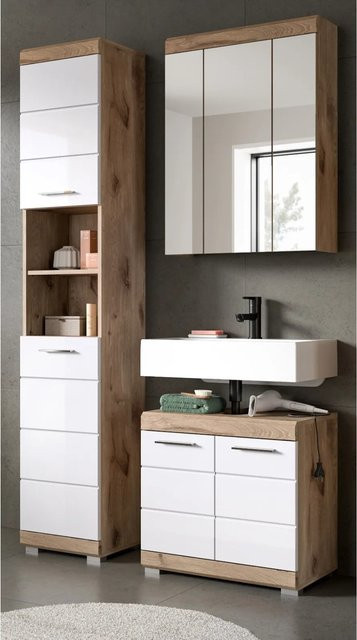 Inn.Furn Badmöbel Set Willow 3-teilig in Weiß Hochglanz und Eiche, Breite: 112 cm - Bild 1