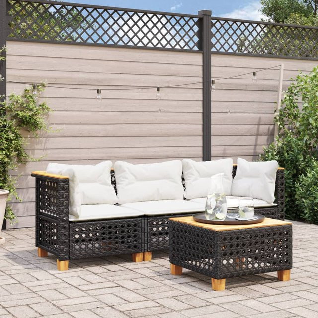 vidaXL L-Shape Gartensofa aus Polyrattan mit Kissen in Schwarz, Akazienholz-Gestell - Bild 3