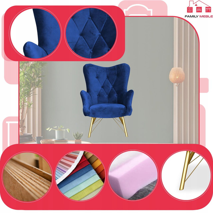 Skandinavischer Ohrensessel Luna von Family Möbel in Indigoblau und Kornblumenblau, gesteppt mit Muschel-Design - Bild 2