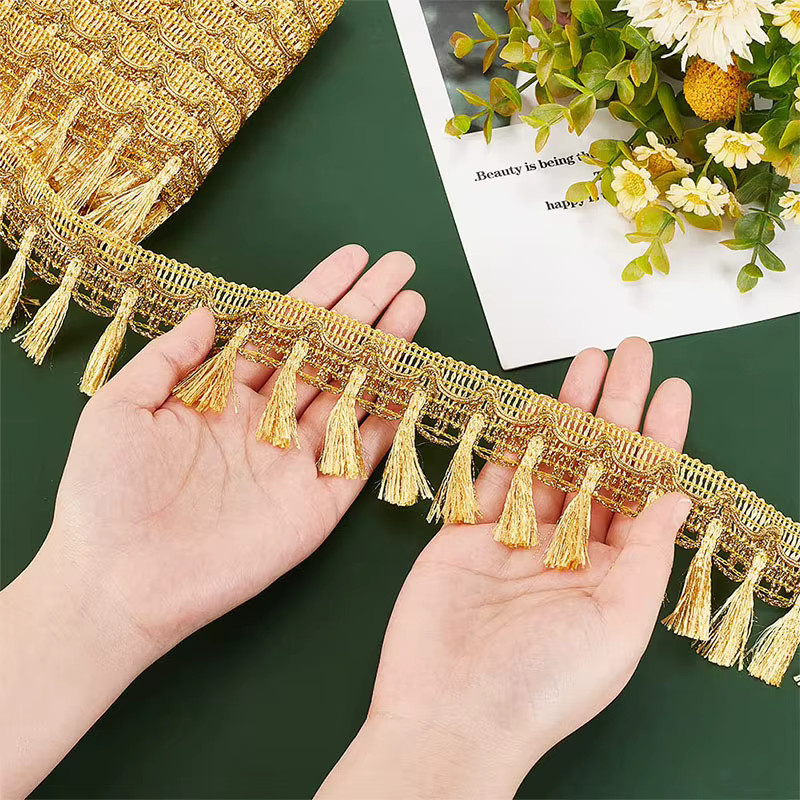 Fransen Quastenbesatz aus Polyester in Gold und Silber, 5 Yards Spitzenbesatz als Bastelband für Vorhänge und Kleidung - Bild 2
