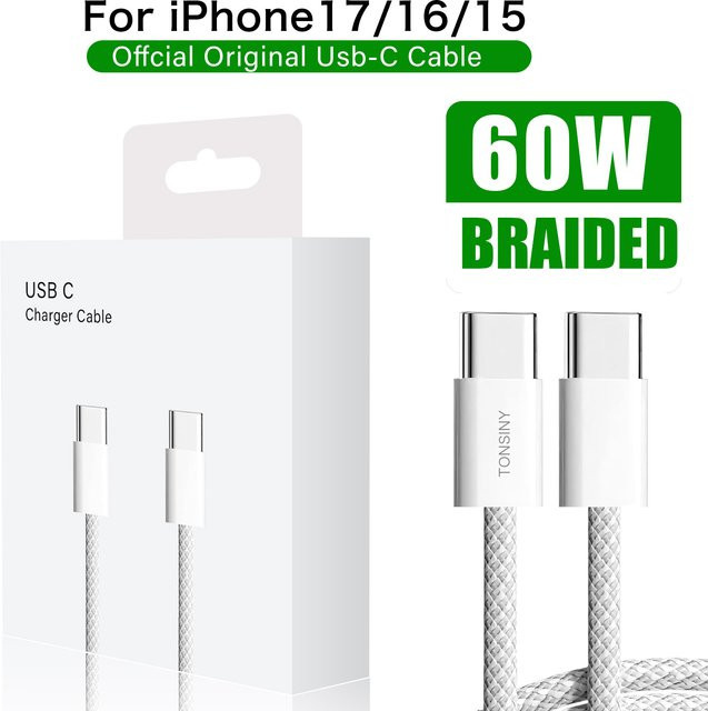 Tonsiny USB-C Kabel 60 W Weiß für iPhone, iPad, Samsung und Xiaomi mit gewebtem Draht - Bild 1