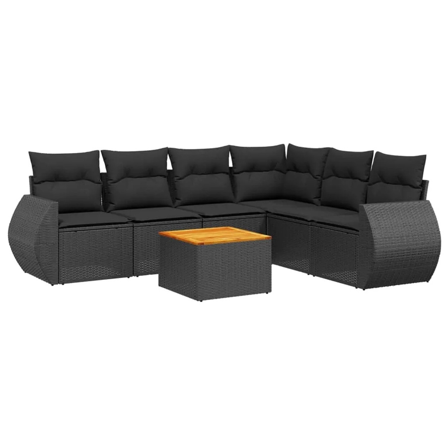 vidaXL 7-teilige Garten-Sofagarnitur in L-Form aus schwarzem Poly-Rattan mit Kissen und pulverbeschichtetem Stahlrahmen - Bild 2