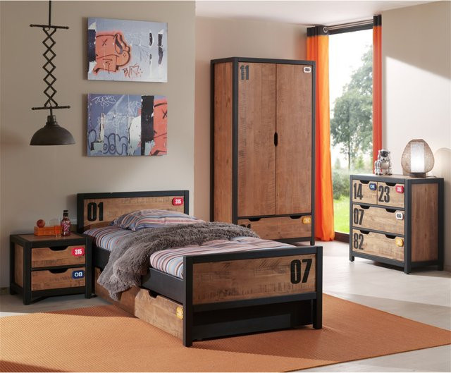 Vipack Schlafzimmer Set Alex aus Kiefer gebürstet bestehend aus Einzelbett mit Bettschublade, Kleiderschrank 2-türig, Kommode und Nachtkonsole, B/T/H: 90 x 200 cm - Bild 1