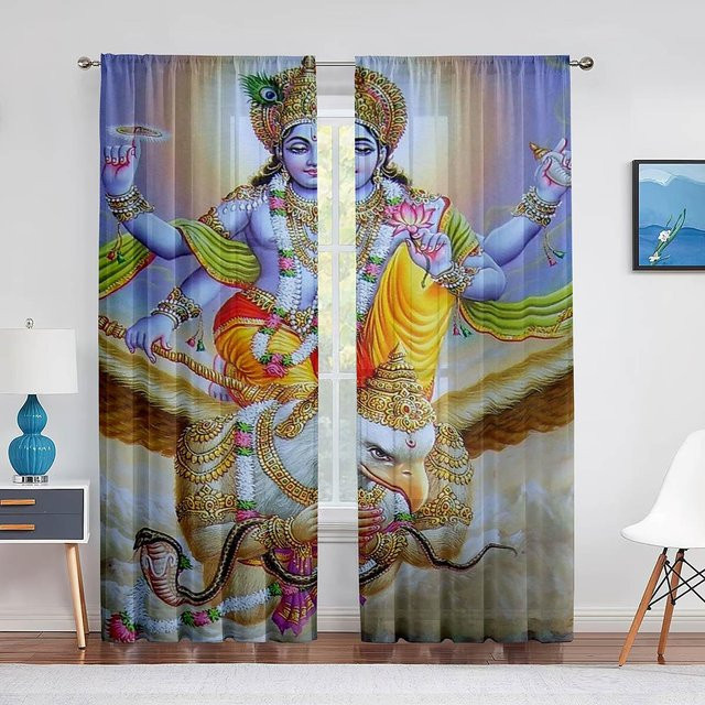 Super Six Lord Vishnu Wolkentüllvorhang mit Grafik-Design, Transparent Multicolour, B: 100 cm, H: 250 cm - Bild 1
