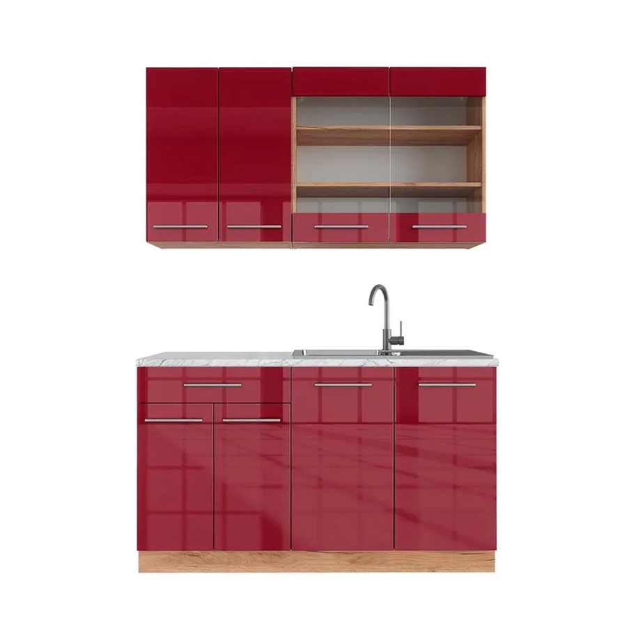 Vicco Fame-Line Singleküche Bordeaux Hochglanz und Goldkraft Eiche, Breite: 140 cm, mit Marmor-Arbeitsplatte und Soft-Close-Türen - Bild 2
