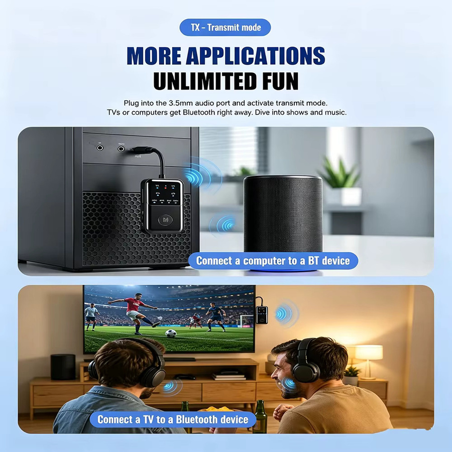 KEBIDUMEI Bluetooth 6.0 Audio-Adapter Dual RX und Dual TX in Schwarz mit 3,5mm AUX HiFi Stereo für PC und TV - Bild 3