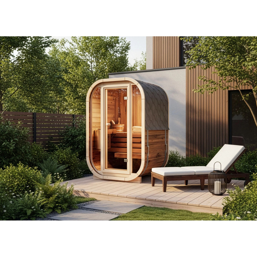 FinnTherm Fasssauna Ellipso S in Schwarz und Braun aus Holz, B/T/H: 189,0 x 136,0 x 119,0 cm - Bild 2