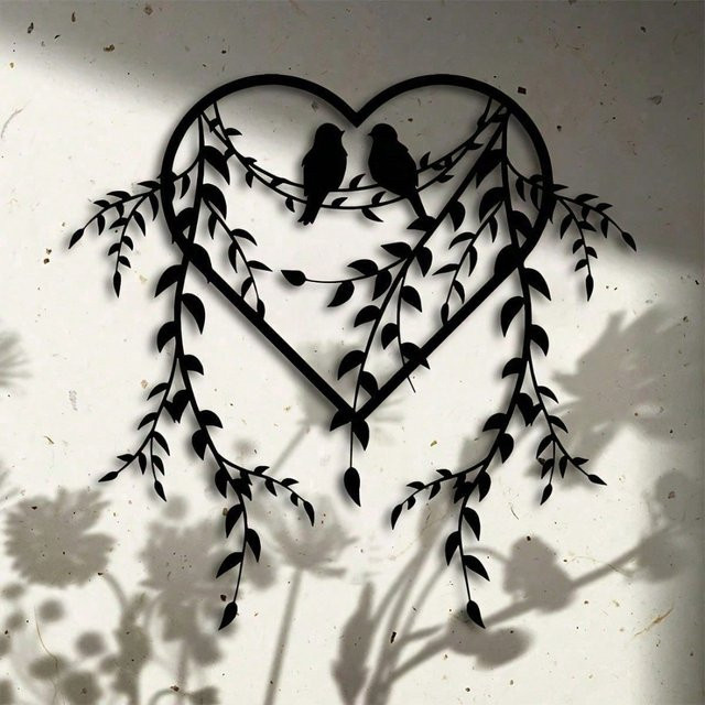 CIFBUY Herzförmige Wanddekoration aus Metall in Schwarz mit Vogel- und Blumenmotiv, B/H: 39,9 x 39,9 cm - Bild 1