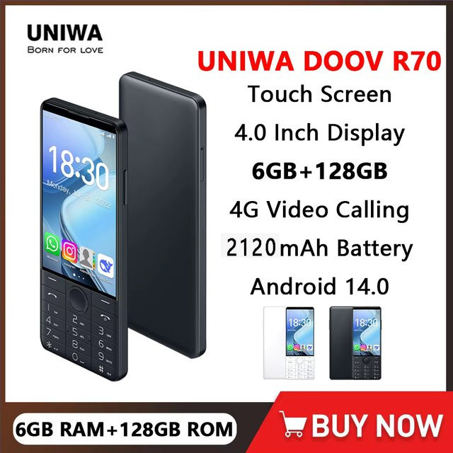 UNIWA DOOV R70 4G Smart Touchscreen-Tastenhandy mit Android 14, 4 Zoll Display, 6GB RAM, 128GB ROM, 2120mAh Akku und russischer Tastatur in Weiß - Bild 1
