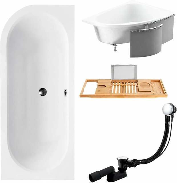 KOLMAN Eckbadewanne aus Acryl in Weiß, rechtsseitig mit Styroporverkleidung, Bambus-Badewannenablage, Ablauf und Füßen, B/T: 160 x 75 cm - Bild 1