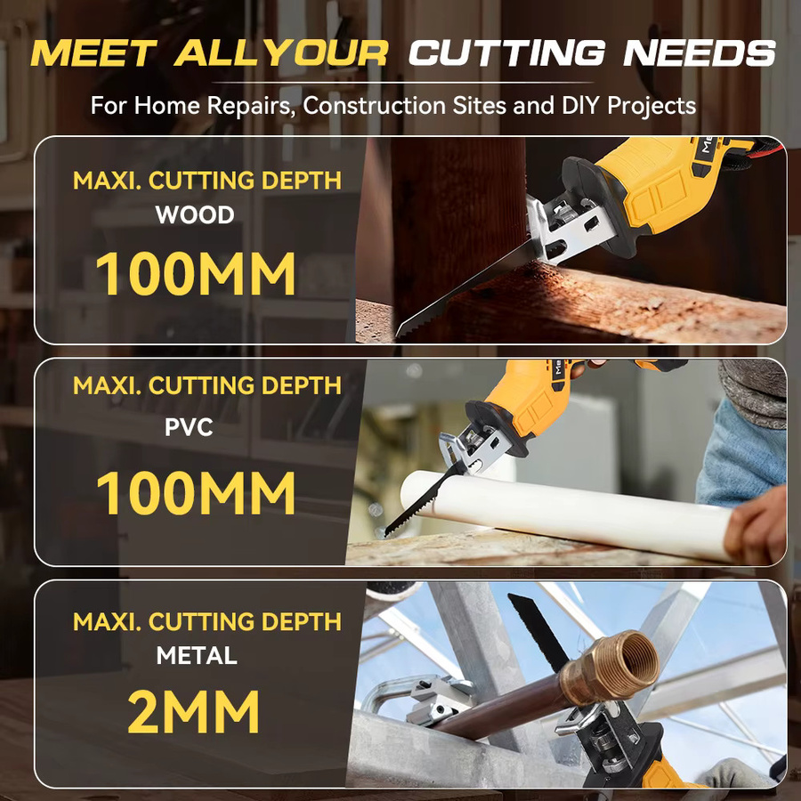 MELLWIN Akku-Elektro-Säbelsäge 12000 SPM Multi-Elektrosäge für Metall, Holz und Rohre, Gelb, kompatibel mit Makita 18V LXT Akku - Bild 4